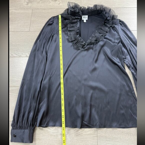 Armani Collezioni Gunmetal Gray Silk Ruffled V-Neck Blouse - Picture 10 of 11